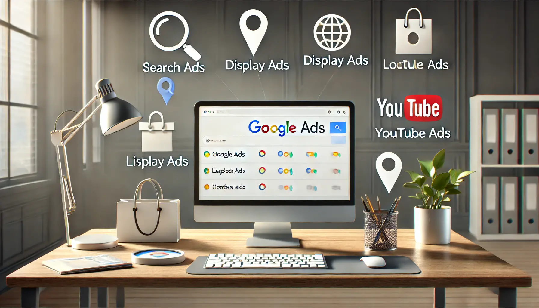 A professional workspace featuring a computer displaying a Google Ads campaign dashboard with symbolic elements for Search Ads, Display Ads, Local Services Ads, and YouTube Ads.