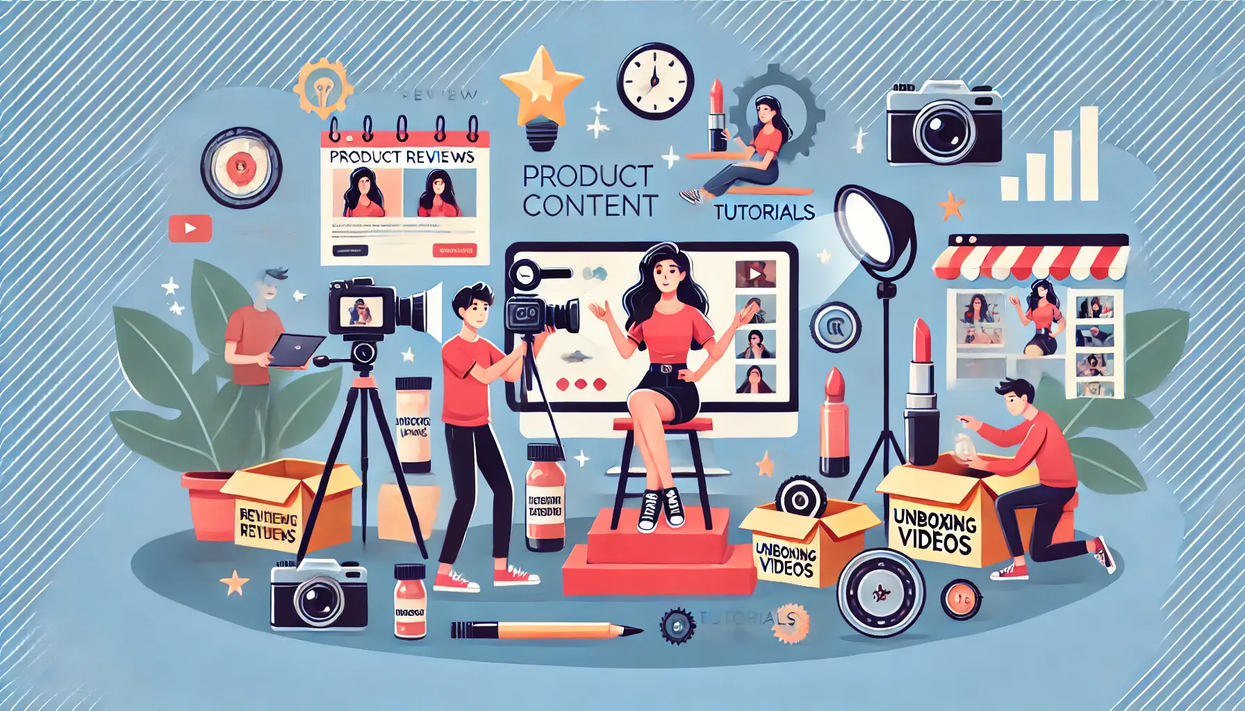 An illustration depicting different types of influencer content including product reviews, tutorials, and unboxing videos, with influencers filming and engaging with products.