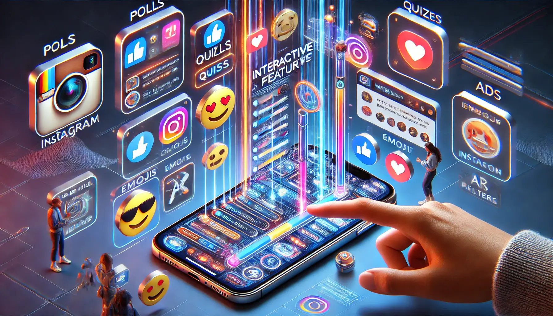 A digital marketing concept illustrating various interactive features in Instagram ads, including polls, quizzes, emoji sliders, and AR filters on a smartphone screen.