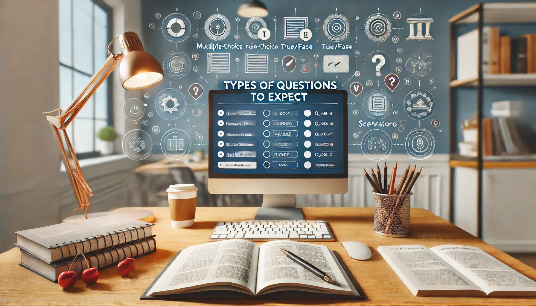 A professional workspace with a computer displaying various exam question formats, including multiple-choice, true/false, and scenario-based questions.