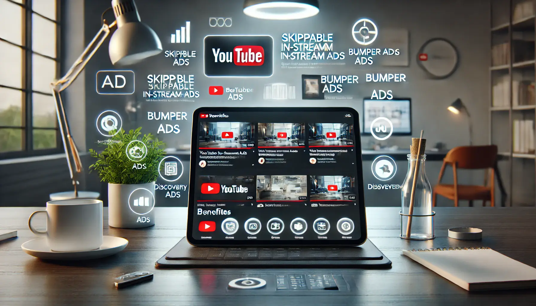 A tablet displaying a YouTube interface with various ad formats like skippable ads, bumper ads, and discovery ads, surrounded by icons for engagement and audience reach.