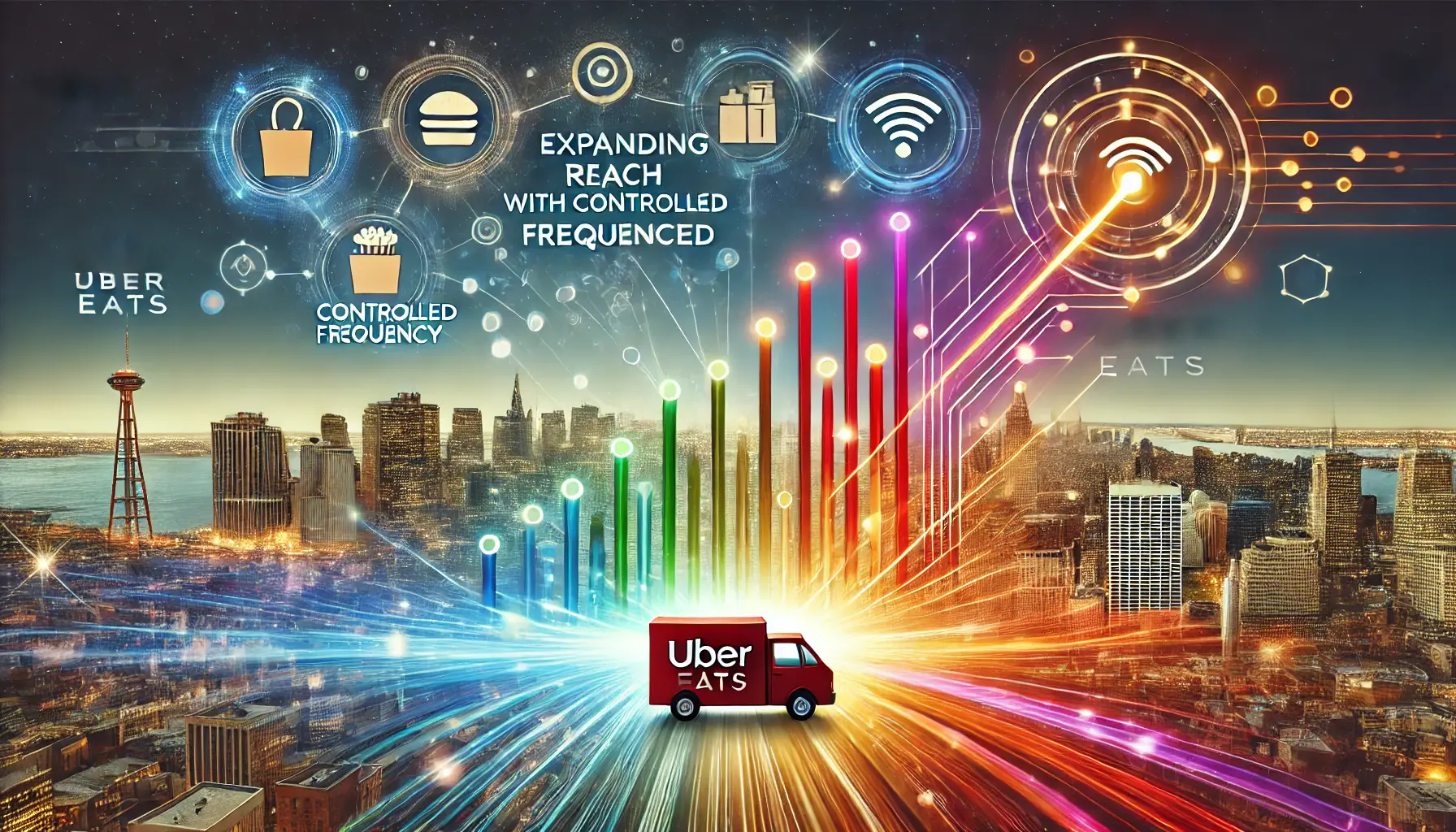 Abstract image featuring food delivery icons, cityscapes, and arrows symbolizing expanding reach with controlled frequency in advertising.