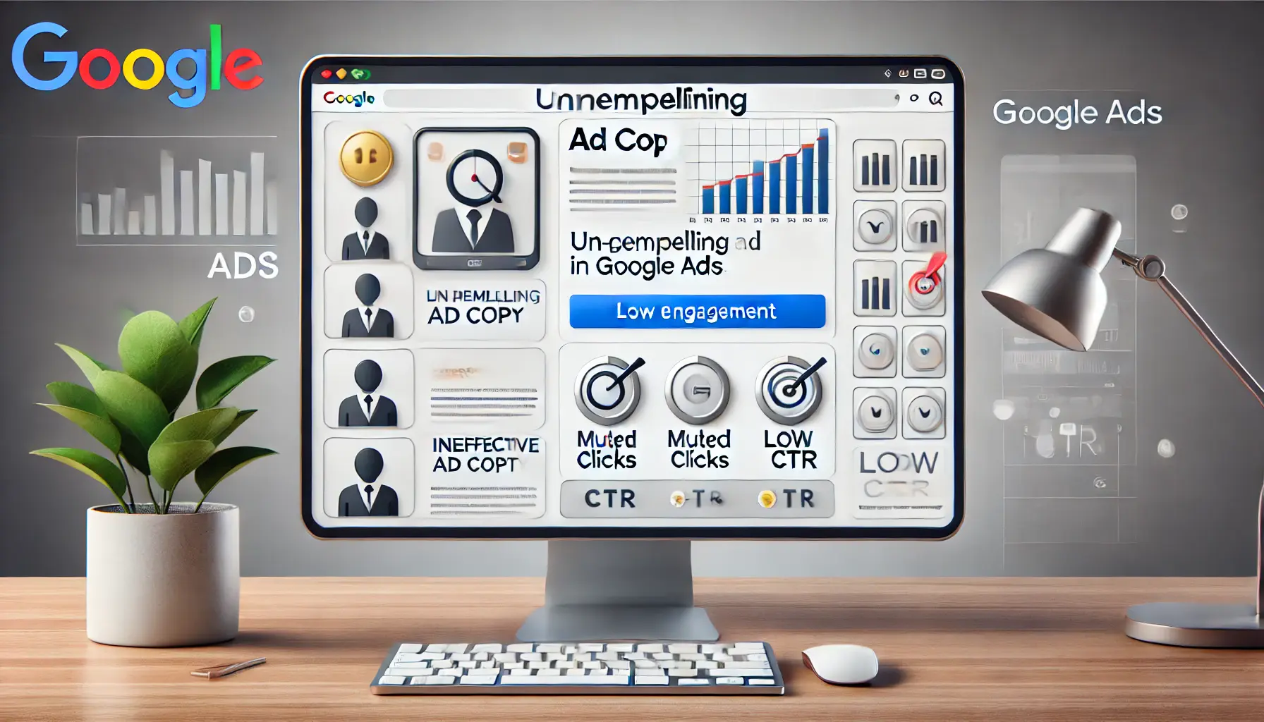 An illustration showing the impact of uncompelling ad copy with a bland and generic ad displayed on a computer screen, surrounded by low engagement icons.