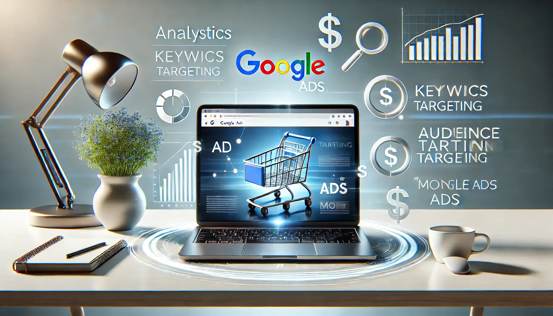 A modern laptop on a minimalist desk showing Google Ads visuals, surrounded by icons of analytics, audience targeting, and money, representing the advantages of Google Ads.