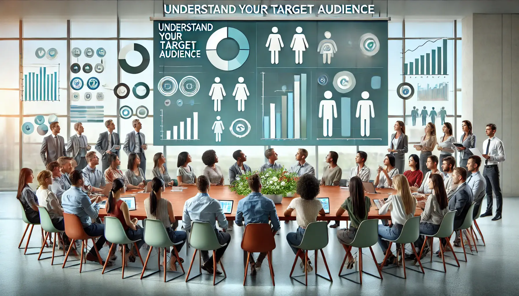 An image showing a team of marketers analyzing audience data on digital screens, displaying graphs and charts with diverse demographic groups.