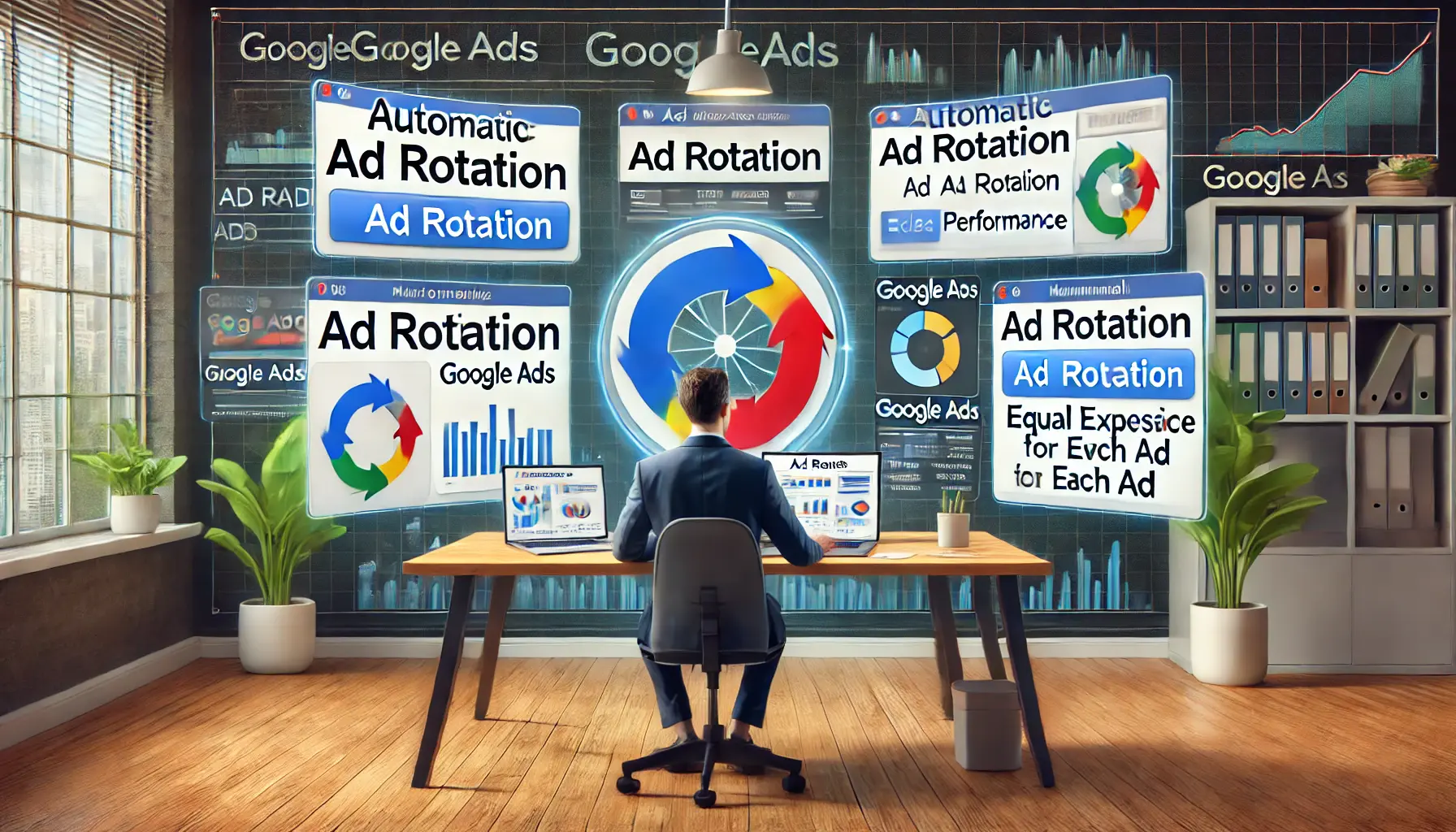 A digital marketing professional analyzing Google Ads' ad rotation settings with multiple screens showing automatic and manual rotation options.