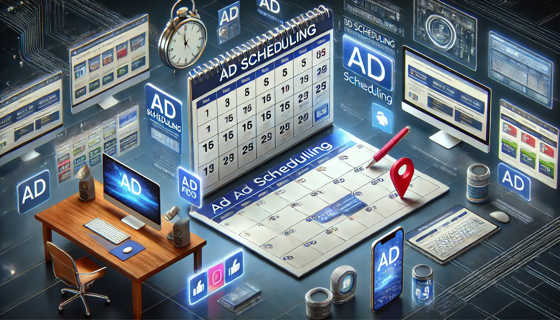 Illustration of ad scheduling with a campaign calendar showing time slots for scheduled ads across devices.