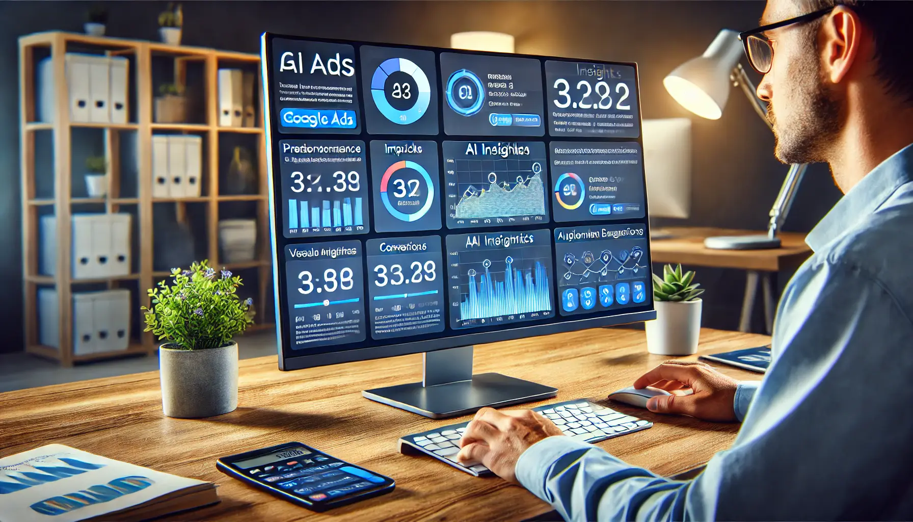 A digital marketing workspace showing Google Ads' AI-powered dashboard with performance metrics and predictive analytics.