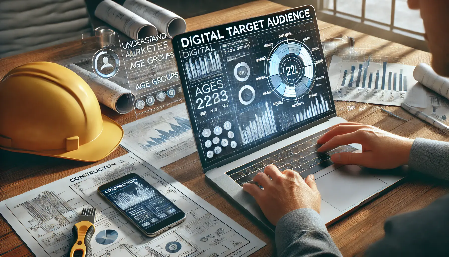 Digital marketer analyzing audience data and demographics on a laptop, with construction blueprints and a hard hat on the desk.