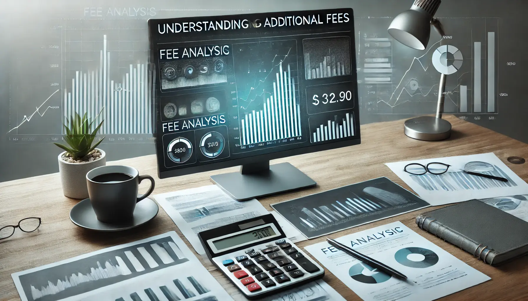 A workspace featuring a desktop screen displaying a fee analysis dashboard, surrounded by financial documents, charts, a calculator, and a coffee cup, representing the process of forecasting additional fees.