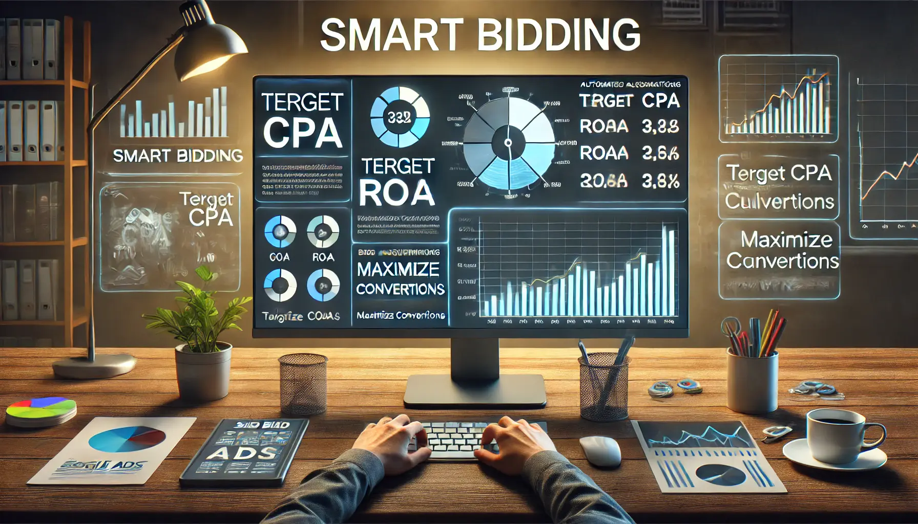 A digital marketer analyzing a computer screen displaying smart bidding strategies, such as target CPA and ROAS, with performance metrics.