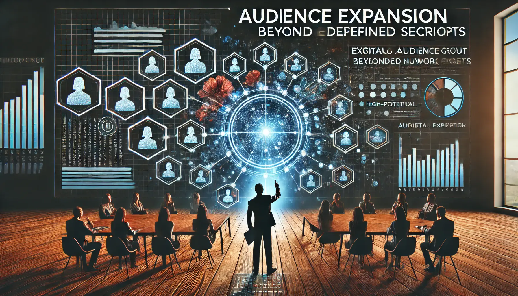 An image showing a digital marketer analyzing audience data to identify opportunities for audience expansion, with expanding user profiles and network connections.