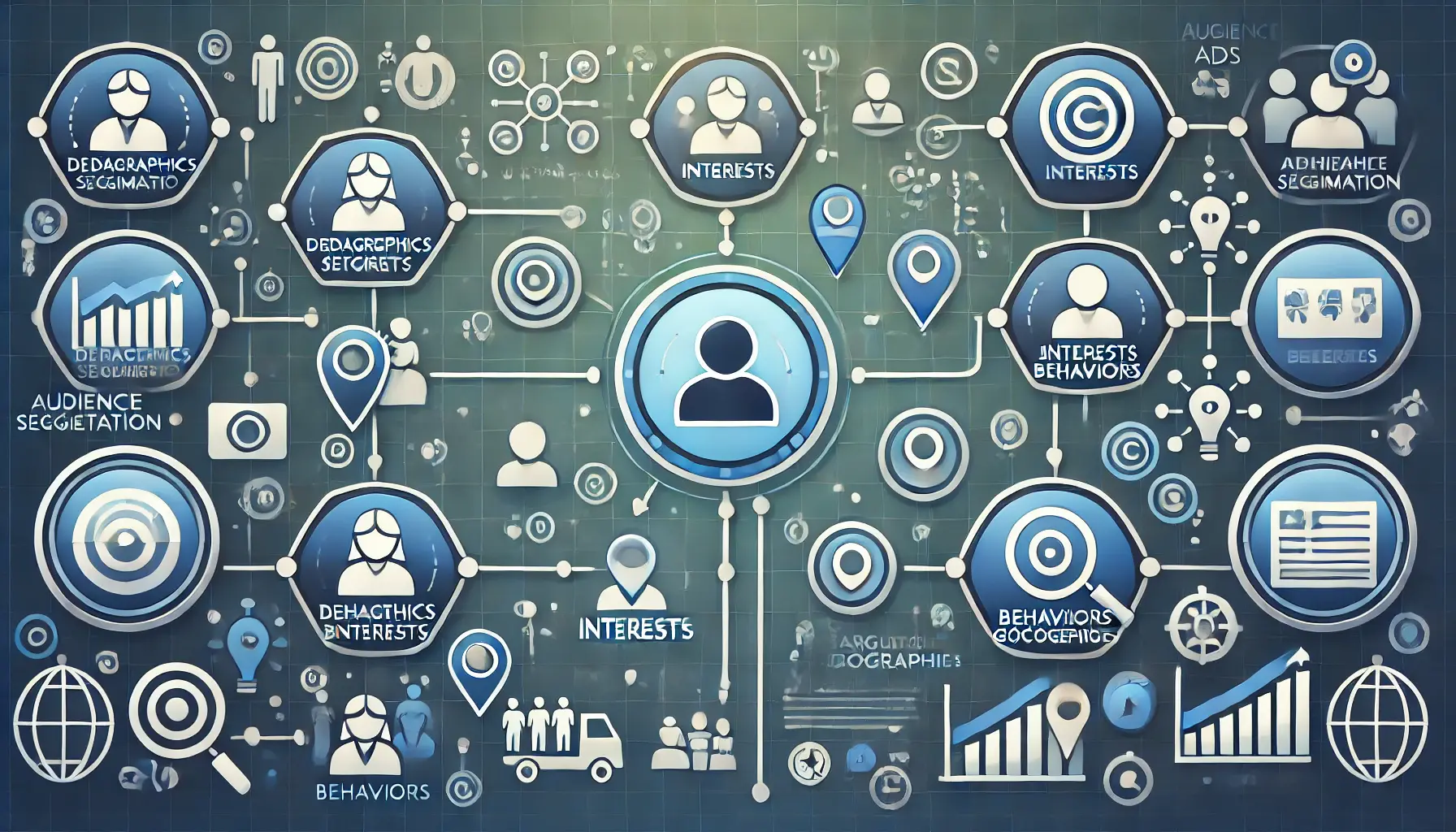 Image illustrating audience segmentation with icons representing demographics, interests, behaviors, and geographics.