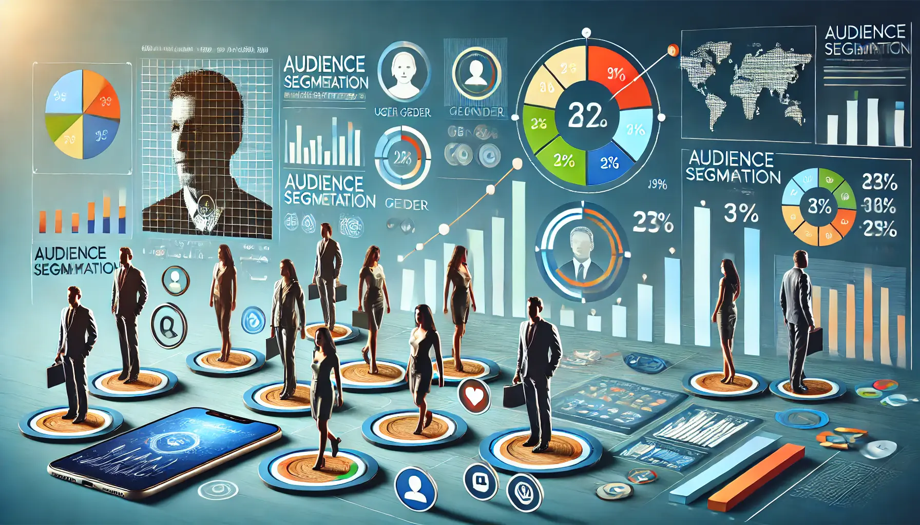 An image representing audience segmentation with visual elements like pie charts and demographic data.