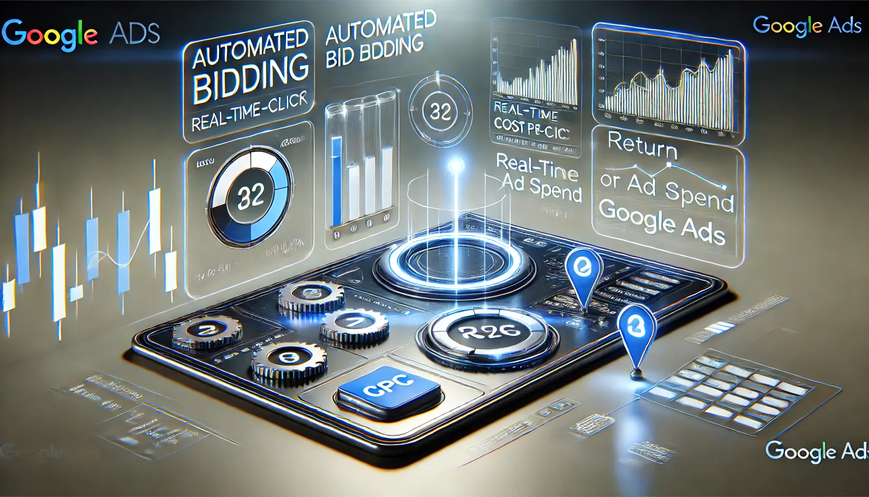 A digital interface displaying automated bidding tools in Google Ads, with real-time bid adjustments, ad performance graphs, and optimization icons.