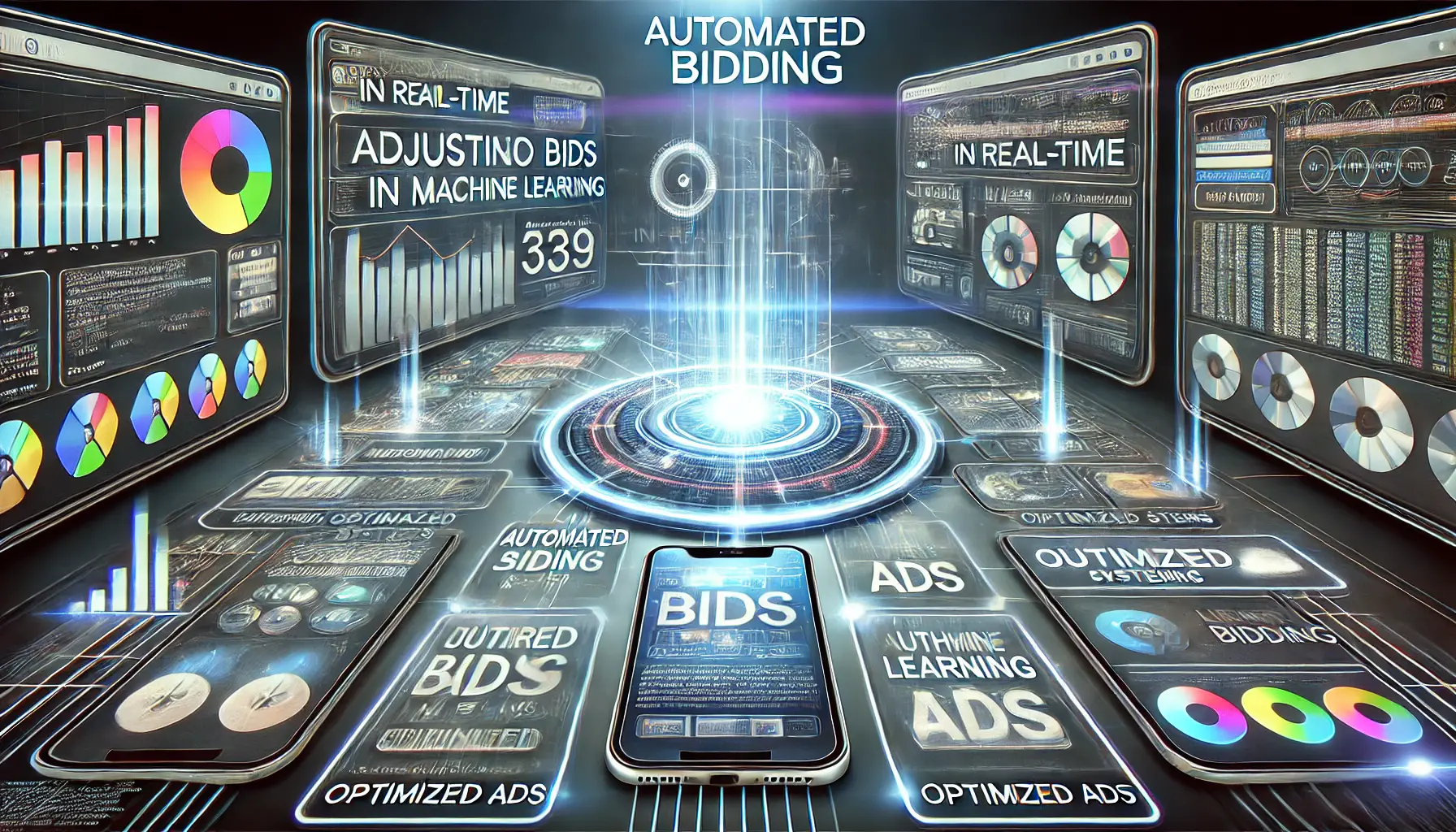 An image depicting automated bidding in machine learning, with a digital dashboard adjusting bids in real-time based on user data and behavior.