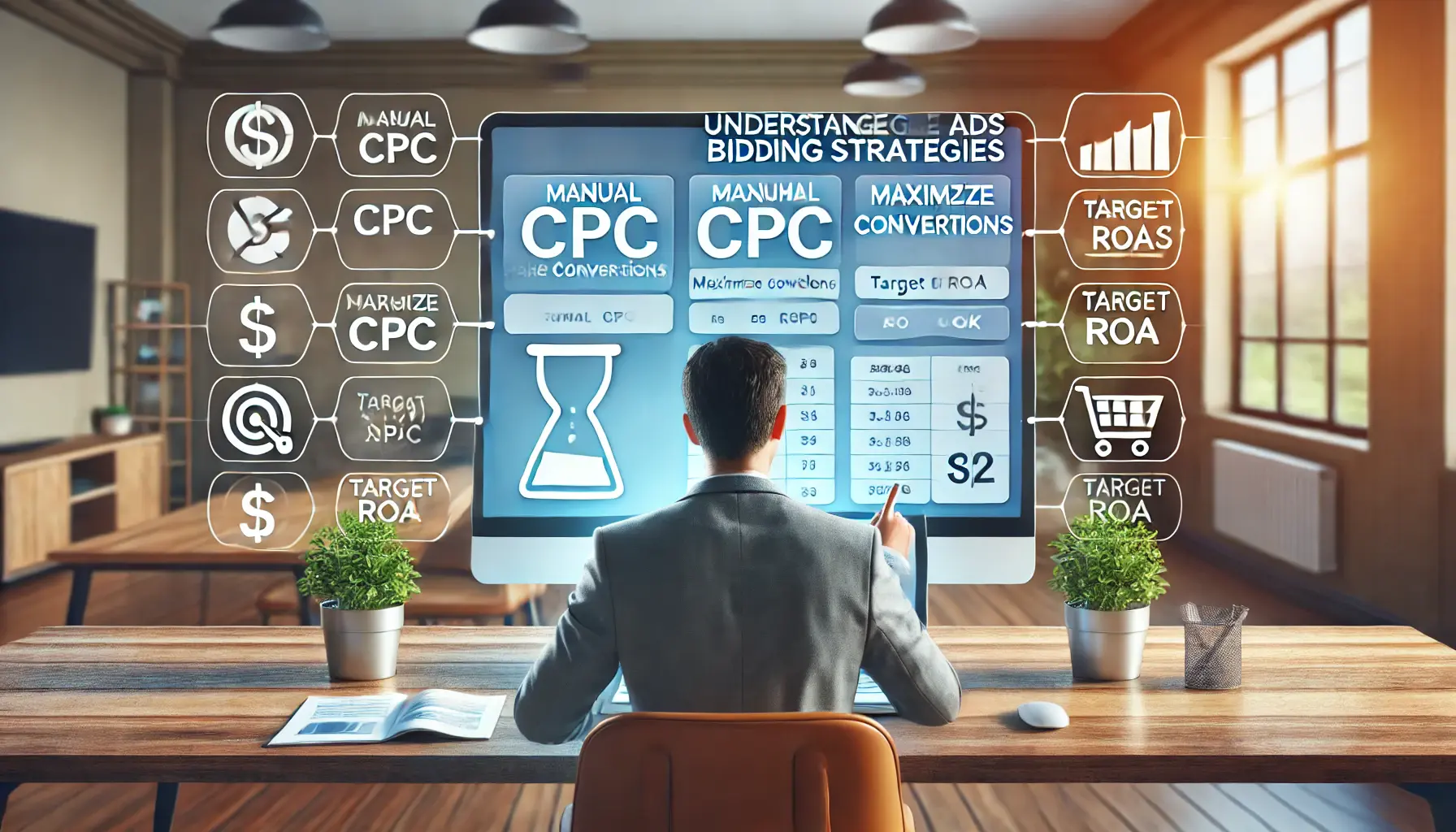 A professional sitting at a desk reviewing Google Ads bidding strategies on a laptop with a dashboard showing options like manual CPC and target ROAS.