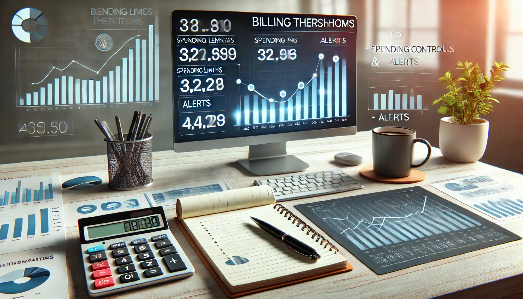 A workspace featuring a desktop screen with a graph showing spending limits and alerts, along with a calculator, notepad, and coffee cup, symbolizing financial control and understanding of billing thresholds.