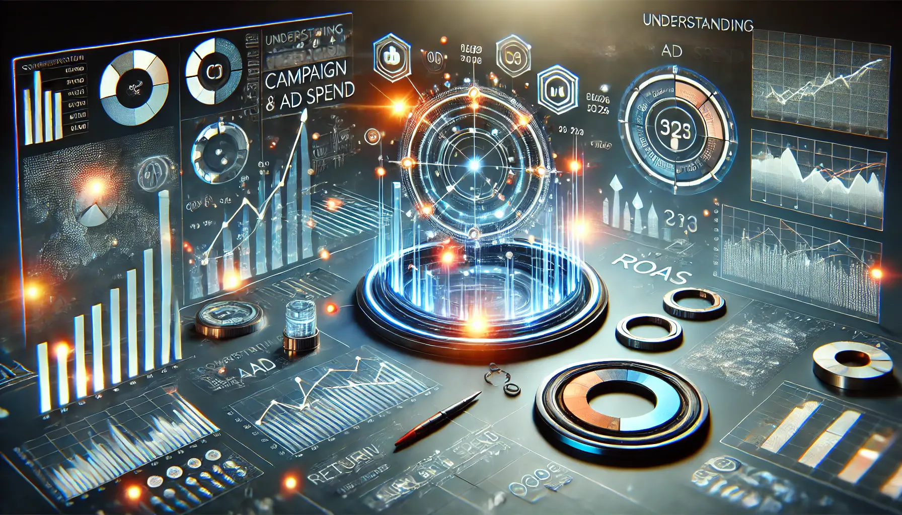 A visual representation of campaign performance metrics, featuring charts, graphs, and dials for conversion rates, click-through rates, and ROAS.