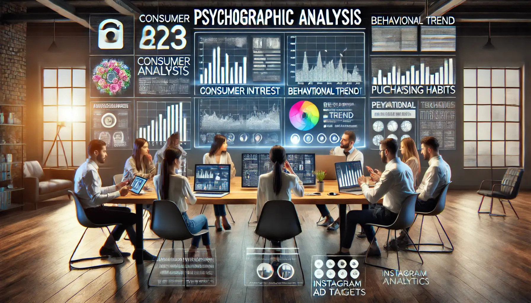 A modern workspace with marketing professionals analyzing multiple digital screens displaying consumer interest graphs, behavioral trends, and purchasing habits data.