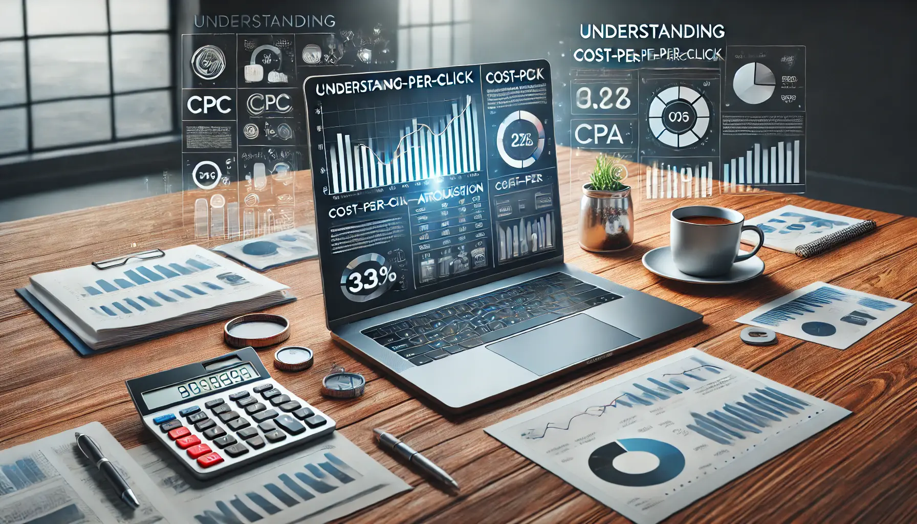 A modern workspace with a laptop displaying side-by-side graphs comparing Cost-Per-Click (CPC) and Cost-Per-Acquisition (CPA) metrics.