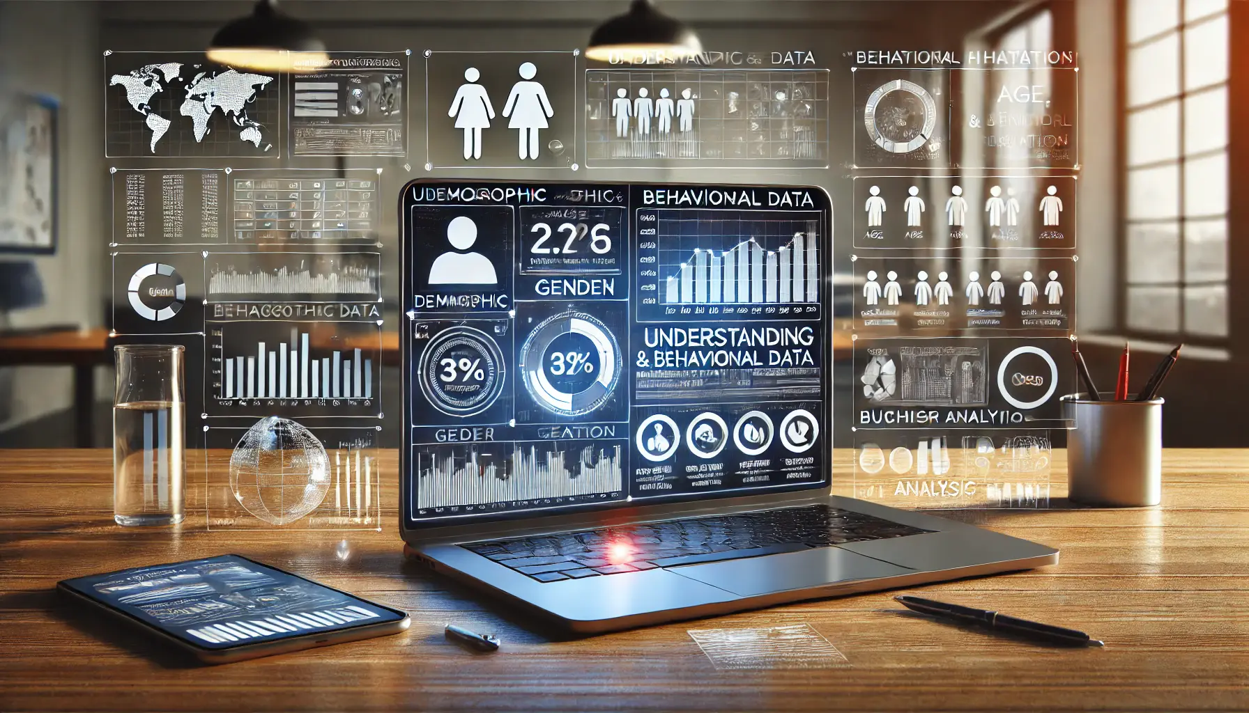 A realistic image of a laptop displaying analytics with graphs and charts analyzing demographic and behavioral data.