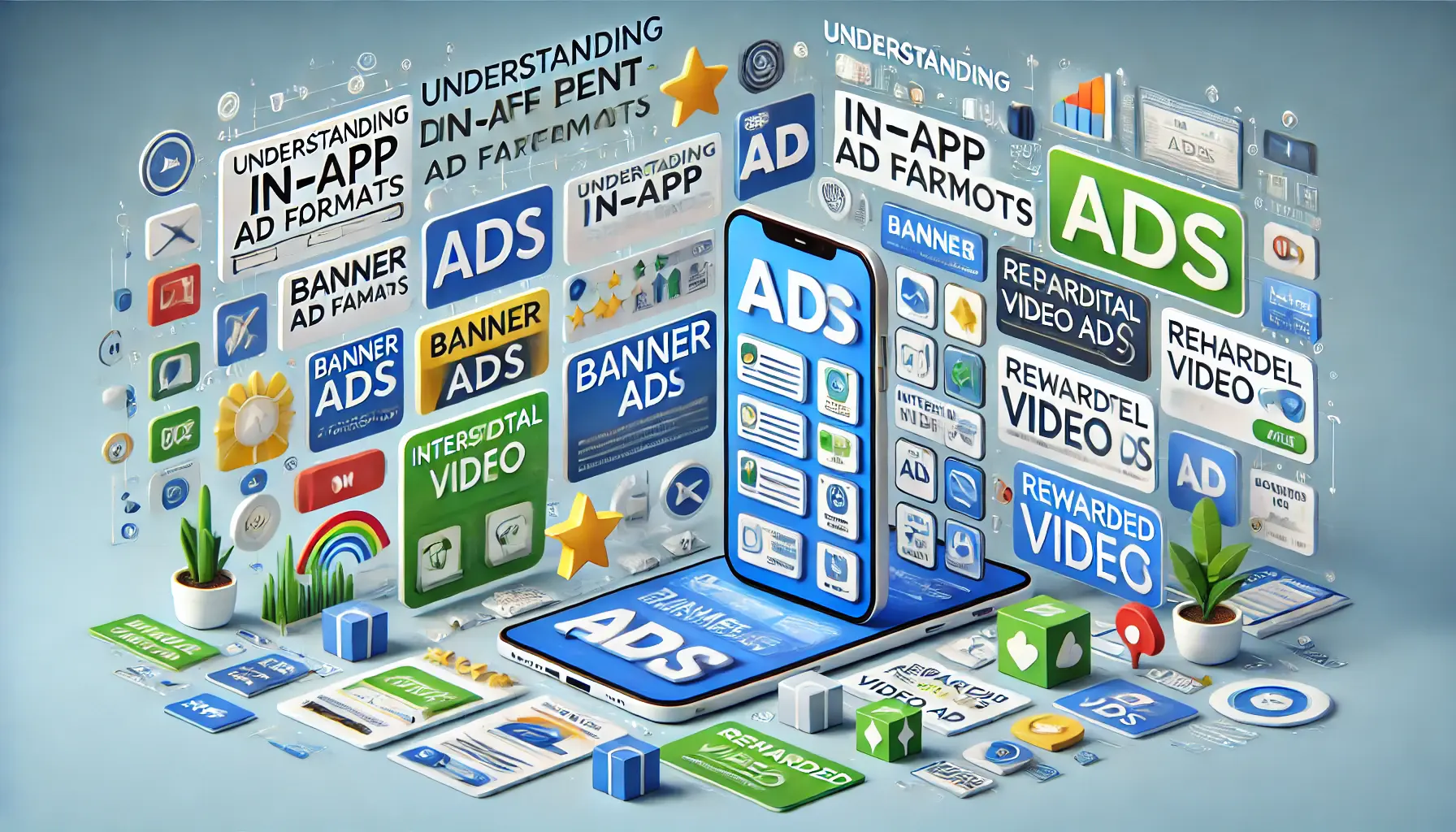 A smartphone displaying various in-app ad formats, including banner ads, interstitial ads, and rewarded video ads with distinct ad frames and icons.