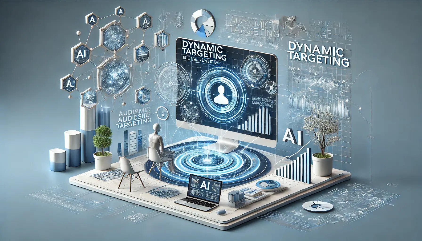 An image illustrating dynamic targeting in digital advertising, featuring real-time audience segmentation data and AI-driven analytics.