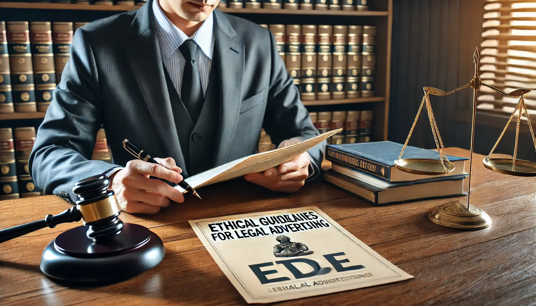 Illustration of a lawyer reviewing ethical guidelines for legal advertising, with law books, a gavel, and a scale of justice in the background.