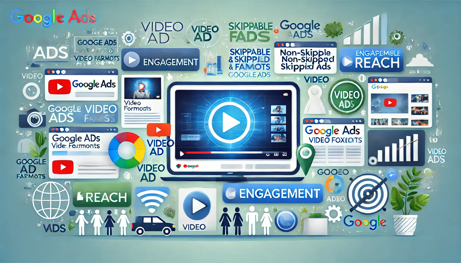 Digital screen displaying various video ad previews, symbolizing different Google Ads video ad formats.