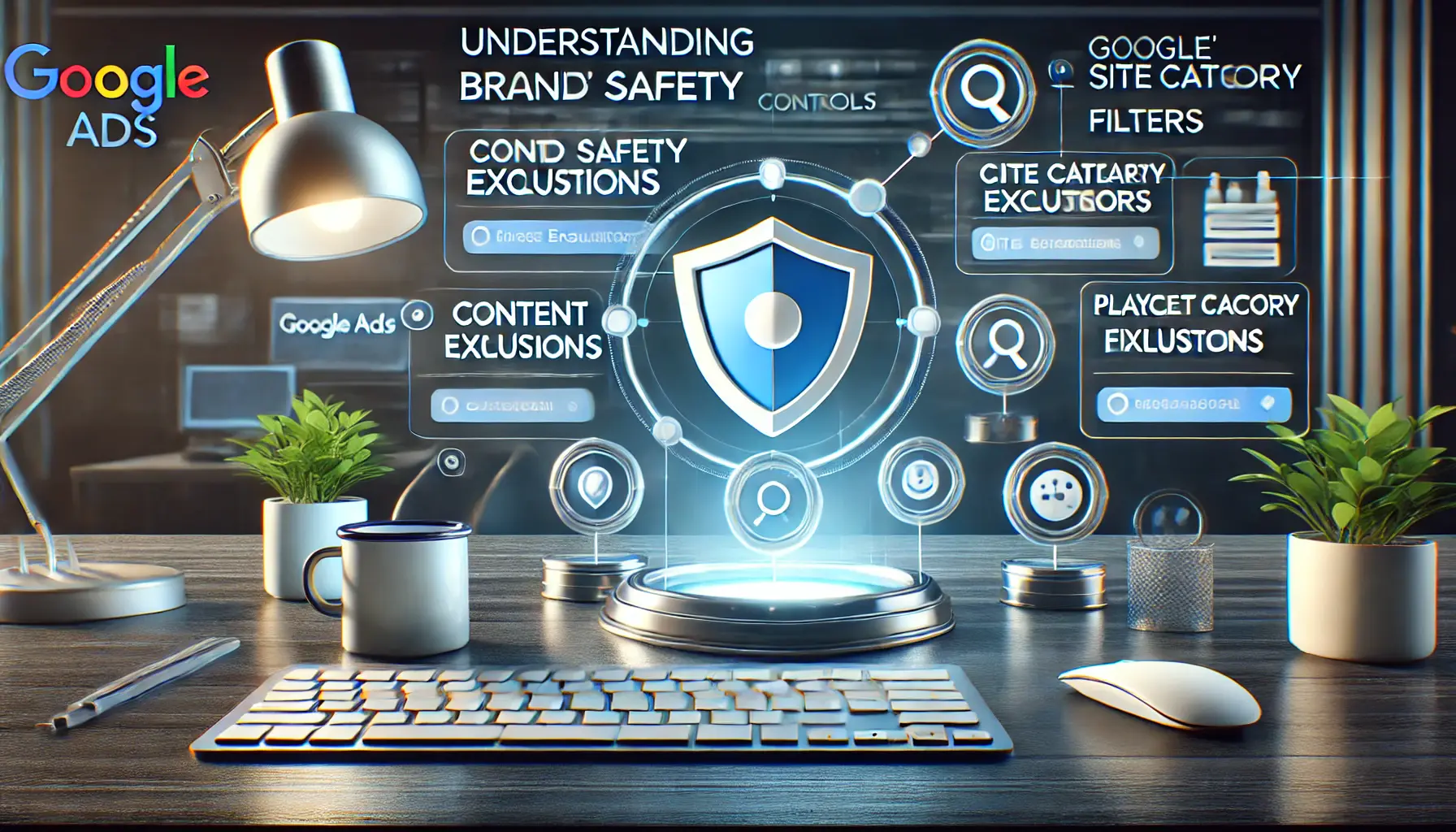 An image depicting Google's brand safety controls in a digital dashboard, with settings like content exclusions, site filters, and placement exclusions.