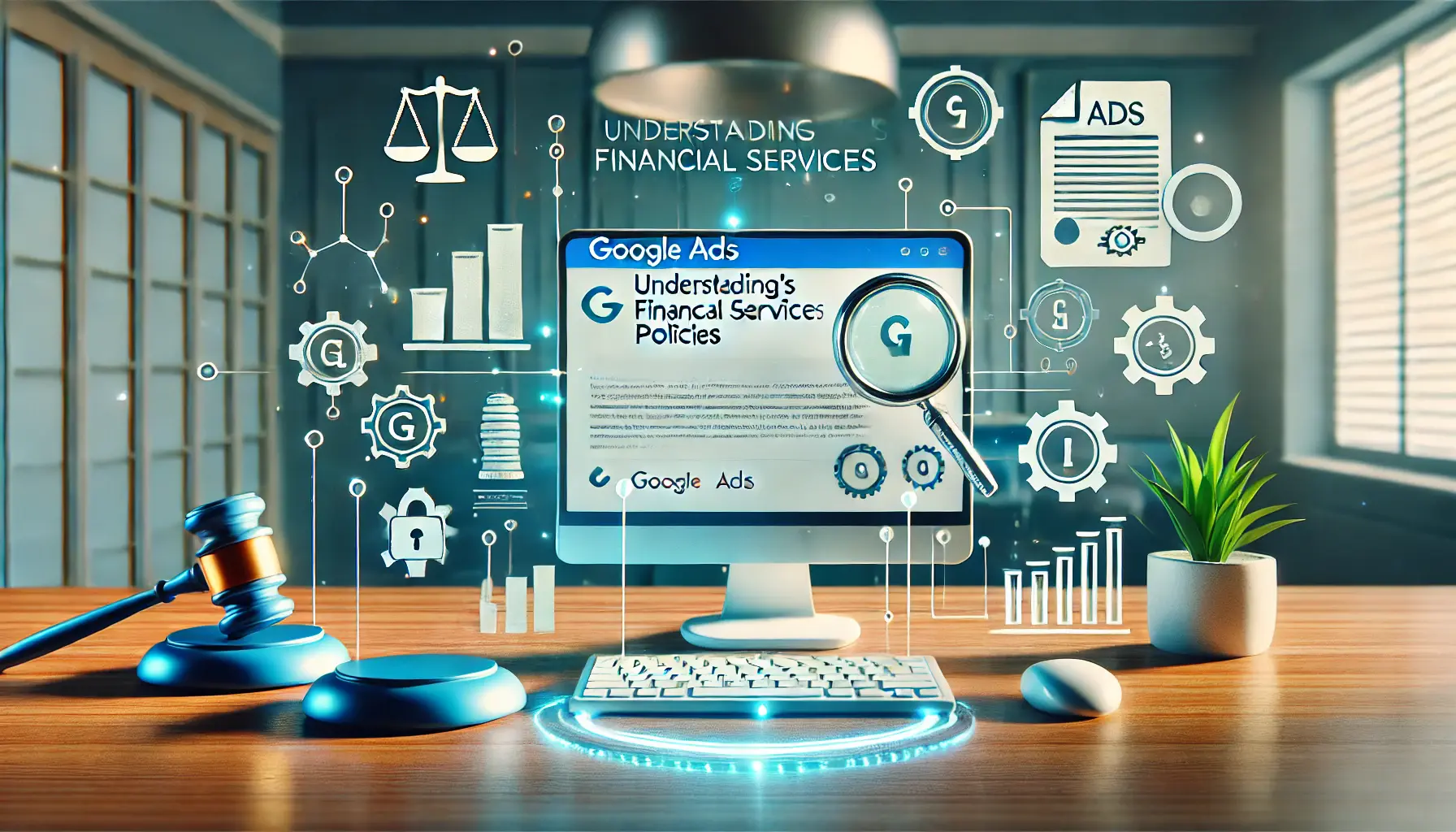 A modern office with a computer displaying a Google Ads interface focused on financial services policies, surrounded by symbols like a document with a seal, gavel, and lock.