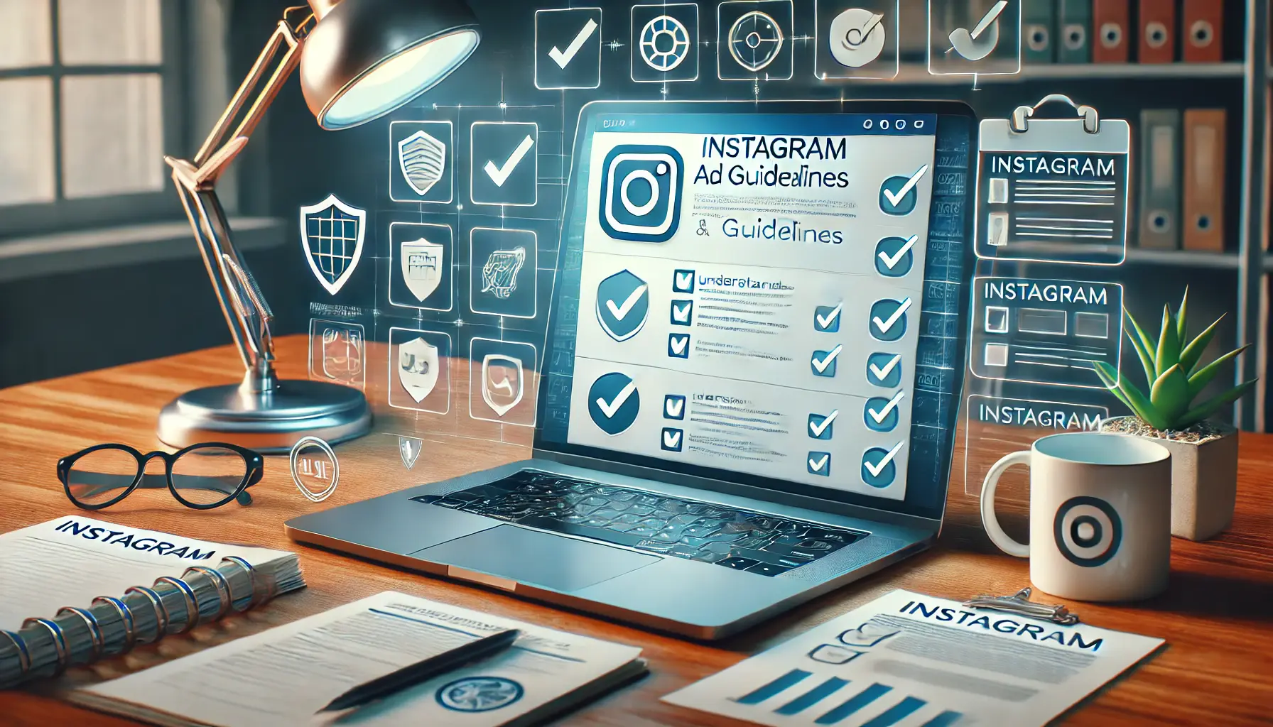 Illustration of a desk with a laptop displaying Instagram's ad submission interface, surrounded by icons like a document with a checklist, a shield, and a magnifying glass, representing compliance and ad review.