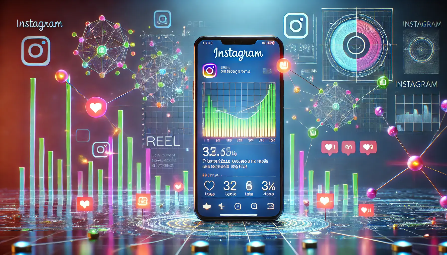 An engaging image showing a smartphone with an Instagram Reel and glowing data points representing engagement metrics like likes, comments, and shares.