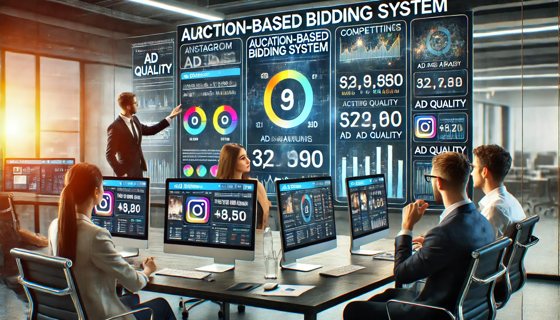 A digital marketing team in a modern office analyzing Instagram's auction-based bidding system, with screens showing competing ads and ad quality metrics.