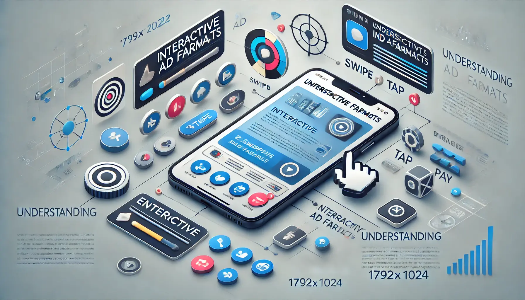 Illustration of interactive ad formats with a smartphone showing an ad featuring swipe, tap, and play options.