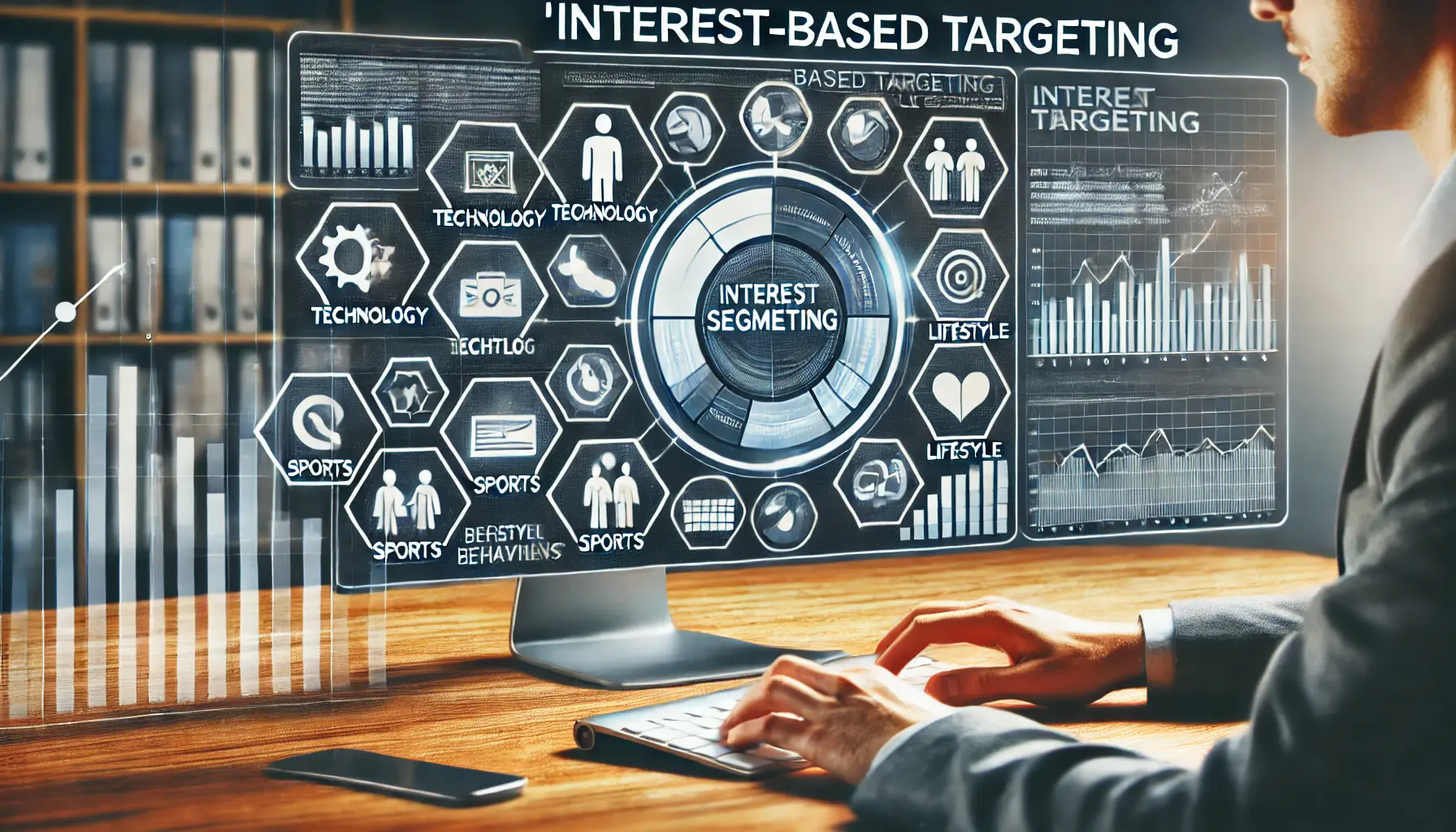 An illustration of a marketer using interest-based targeting, with data and segmentation for different interest categories like technology, sports, and lifestyle.