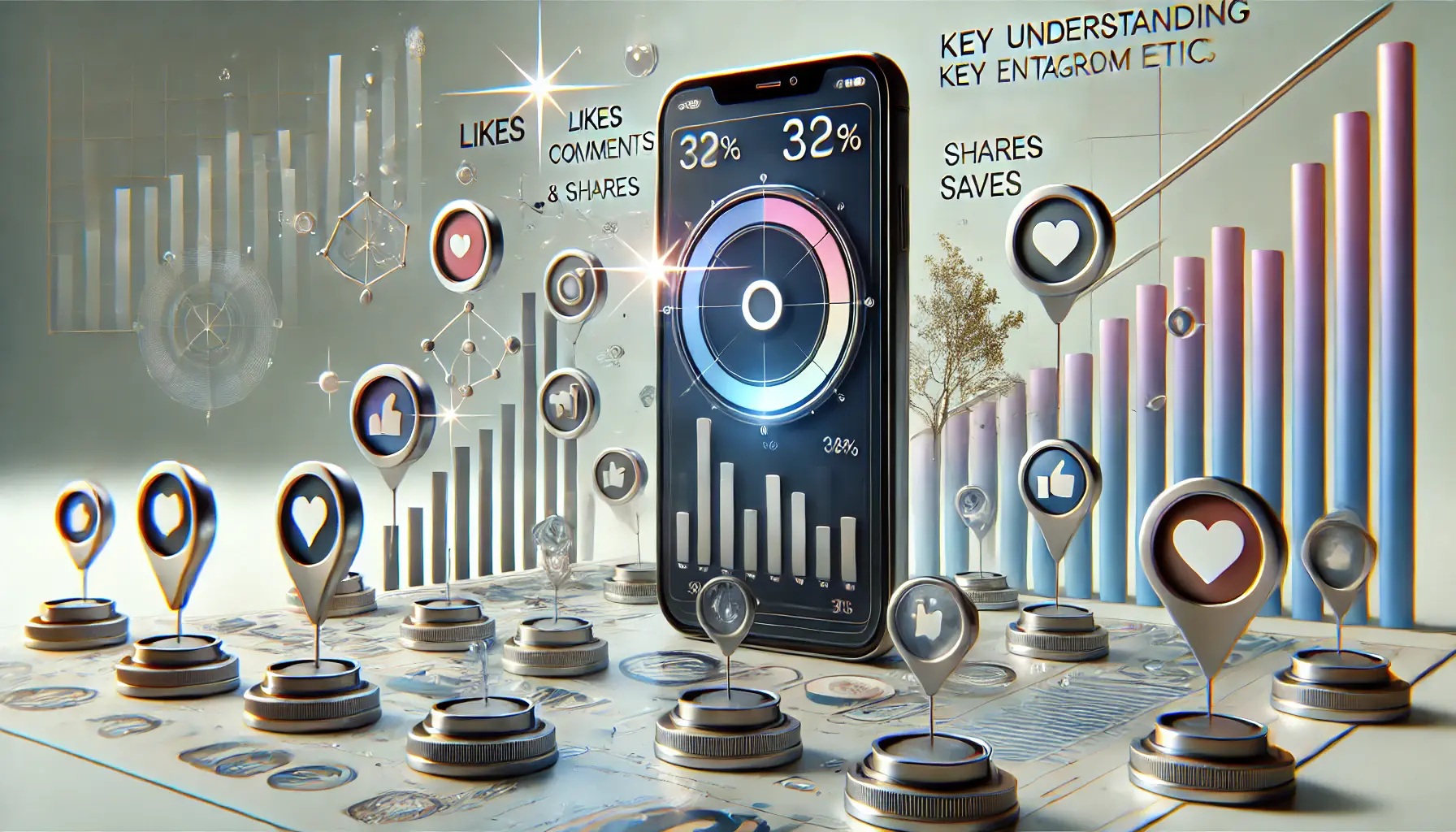 An image showing a smartphone displaying an Instagram Reel, surrounded by abstract icons for engagement metrics like likes, comments, shares, and saves, with data analysis visuals in the background.