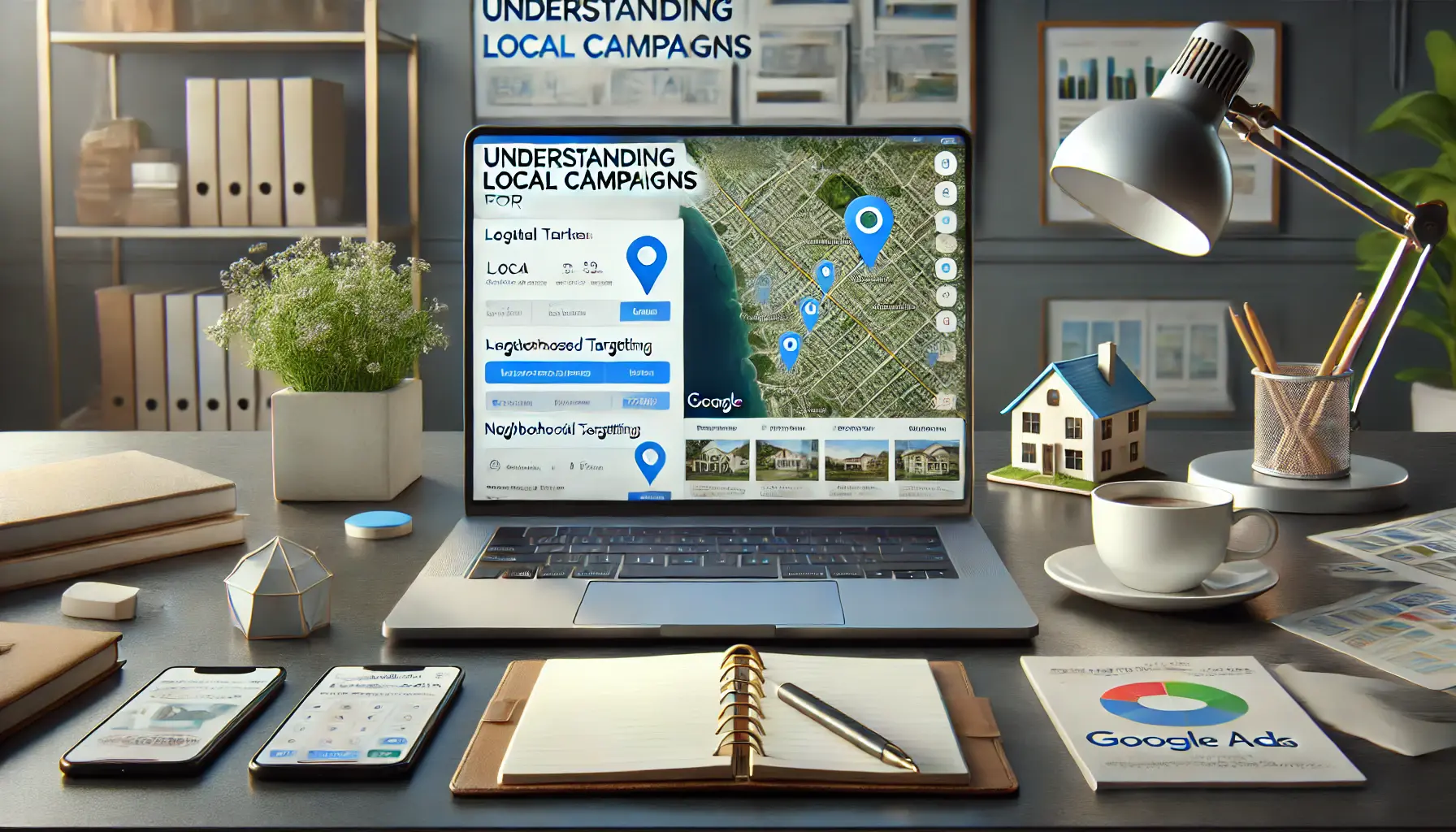 A digital marketing workspace with a laptop displaying a Google Ads local campaign setup, including targeted geographic regions and property images.