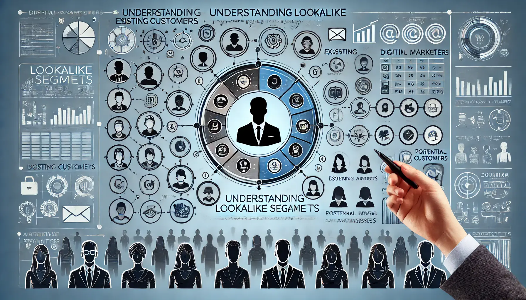 An image showing a digital marketer analyzing data to identify lookalike segments by comparing common characteristics between existing customers and potential audiences.