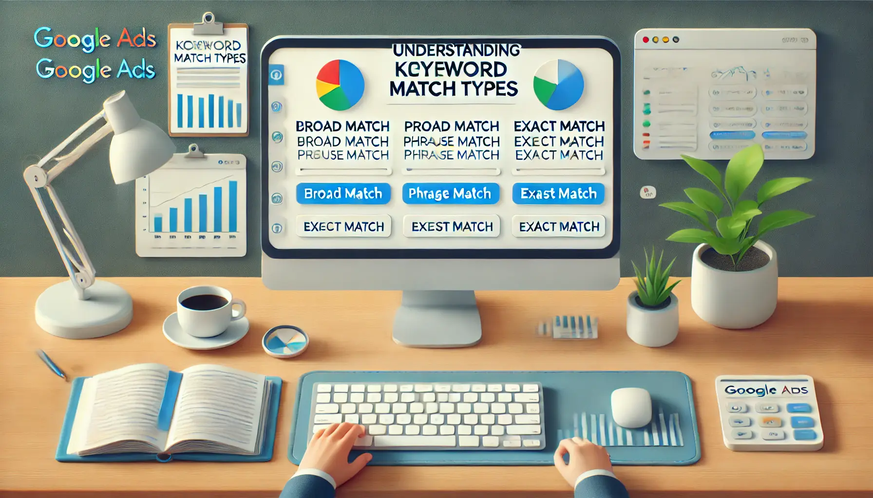 A modern workspace with a computer screen displaying Google Ads interface showing different keyword match types such as broad match, phrase match, and exact match.