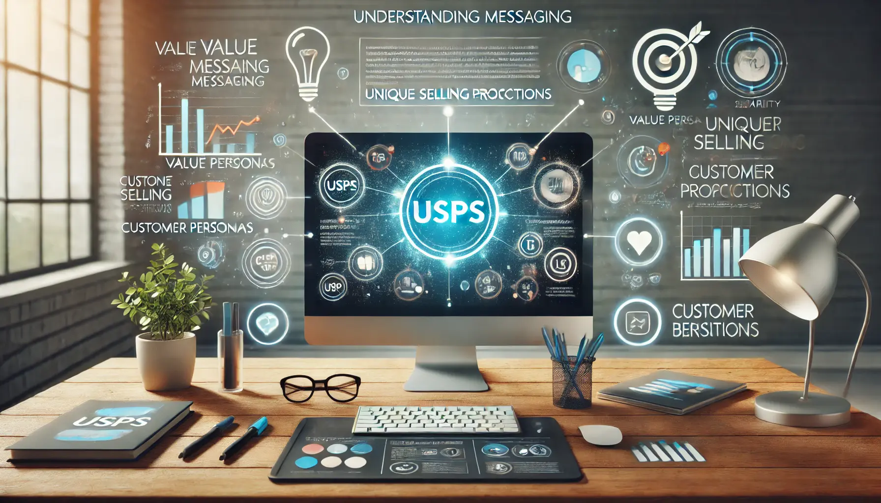 A modern workspace featuring a computer screen displaying comparative analysis of unique selling propositions with value charts and customer personas, surrounded by creative icons.