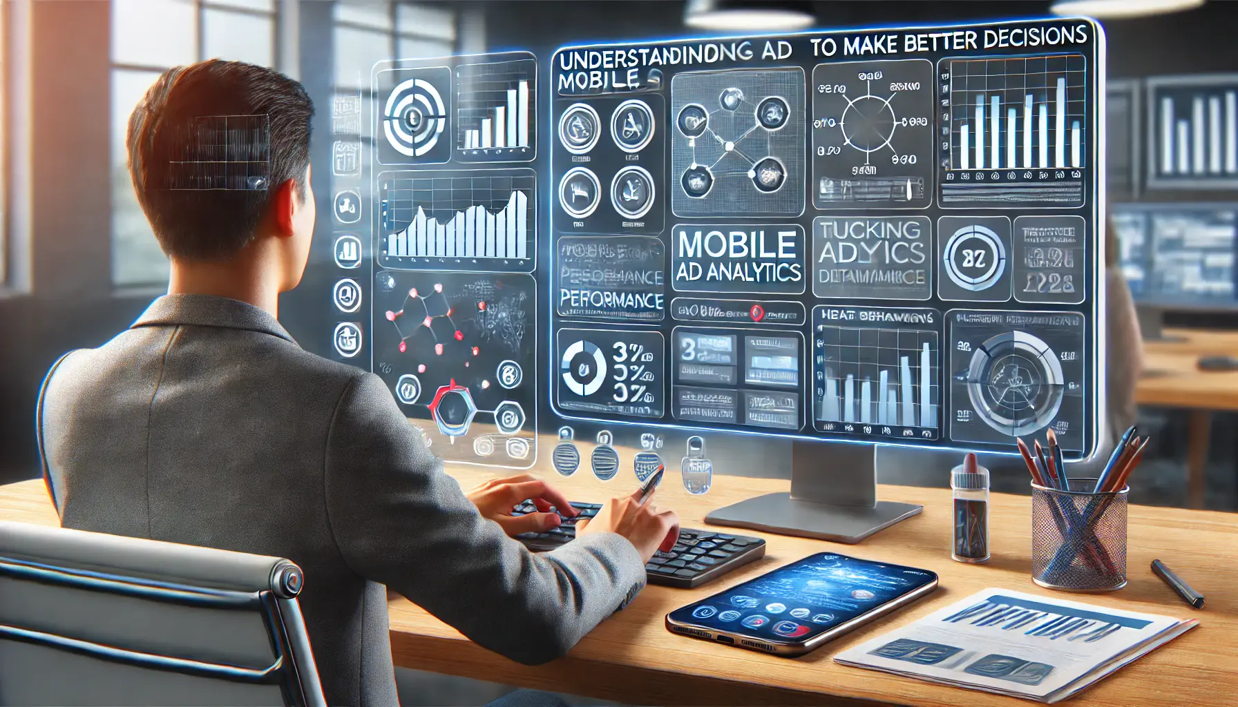 A person analyzing mobile ad performance data on a large screen with graphs, heatmaps, and performance metrics in a modern workspace.