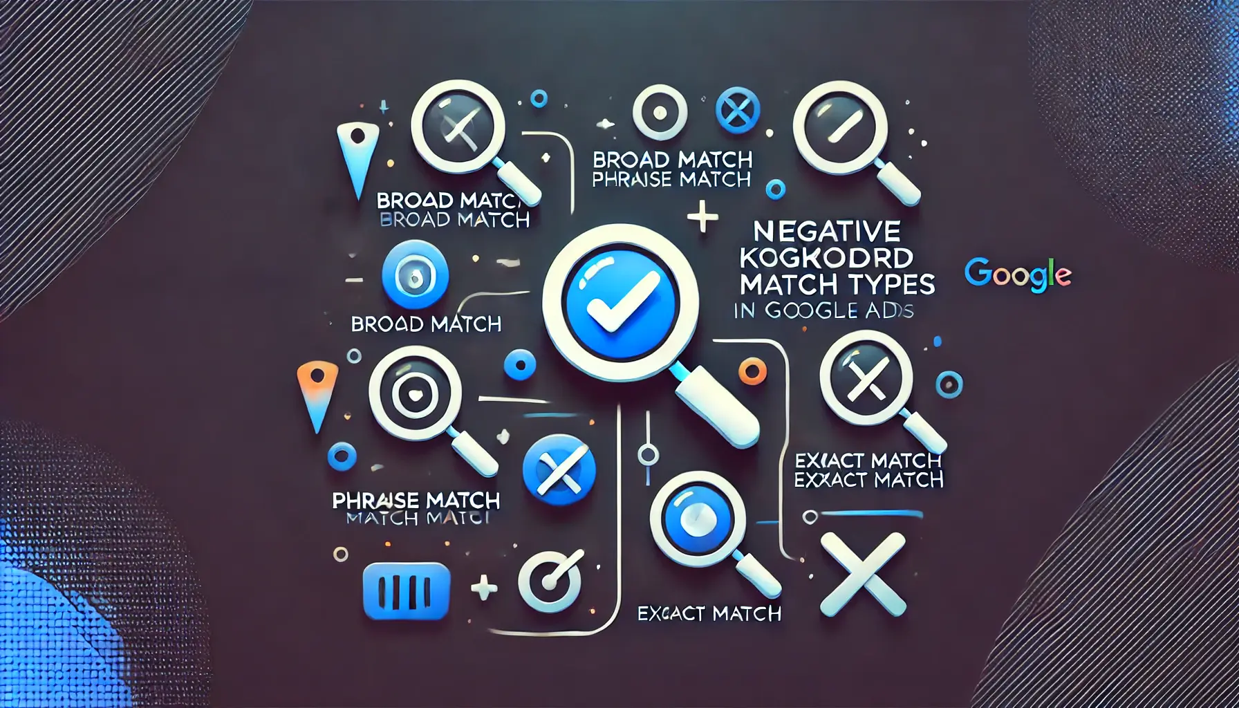 Abstract representation of negative keyword match types in Google Ads, featuring icons like filters, checkmarks, and arrows.