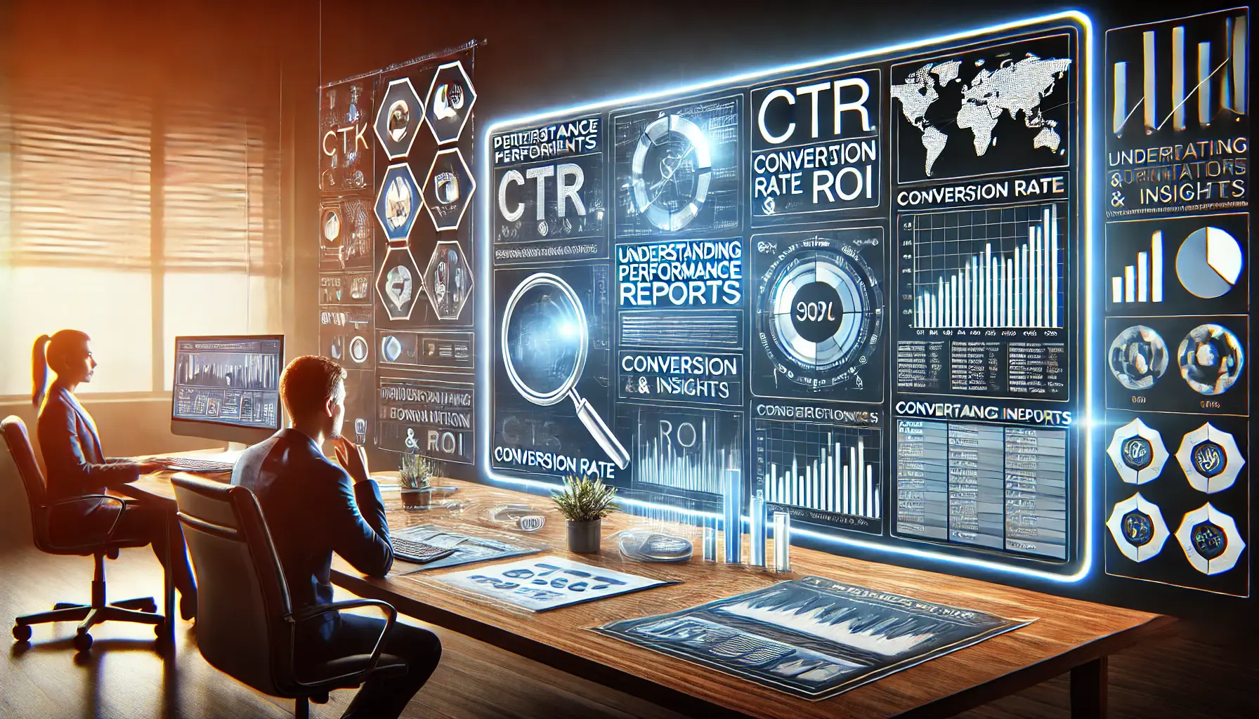 A marketer analyzing a large screen displaying performance reports with key metrics like CTR, conversion rate, and ROI.