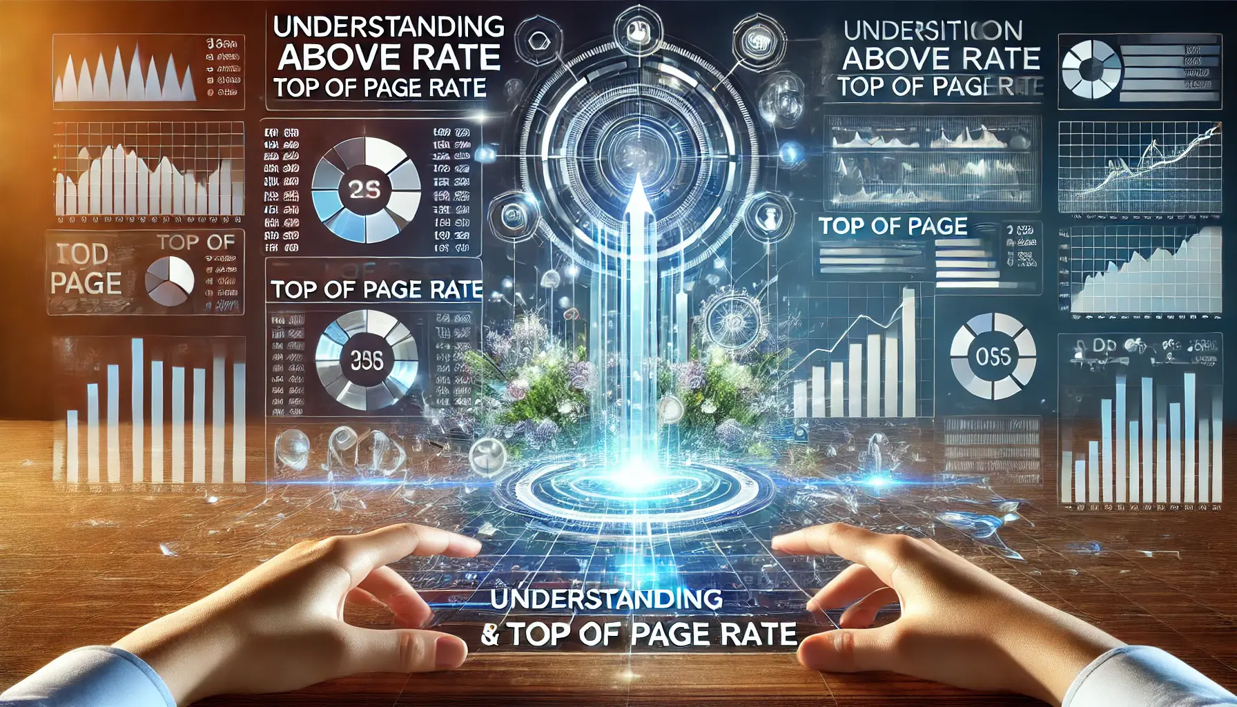 A futuristic dashboard visualizing ad placement metrics with ranking comparisons and search result page insights.