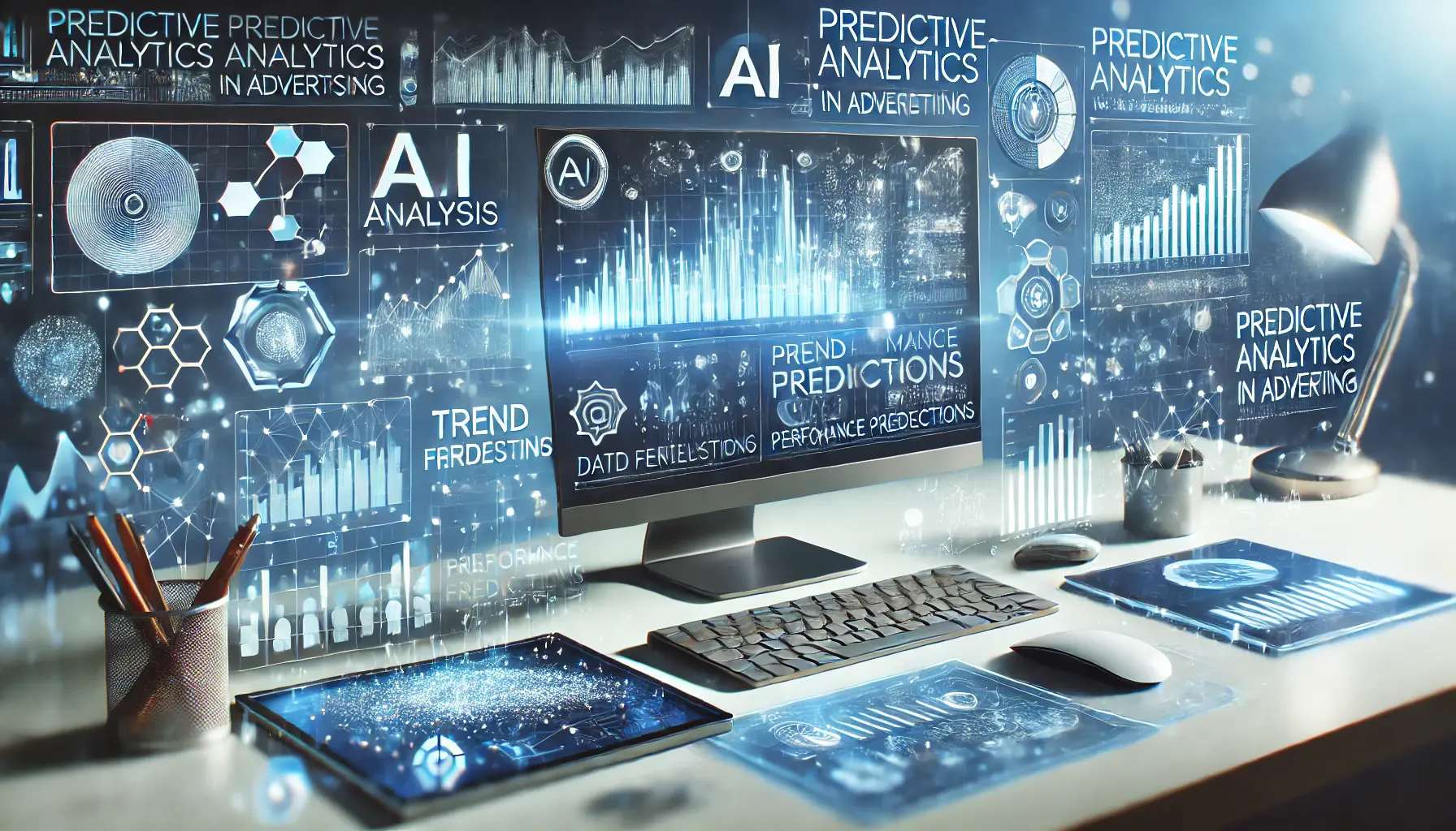 An image illustrating predictive analytics in advertising, featuring a digital workspace displaying data analysis, trend forecasting, and performance predictions.