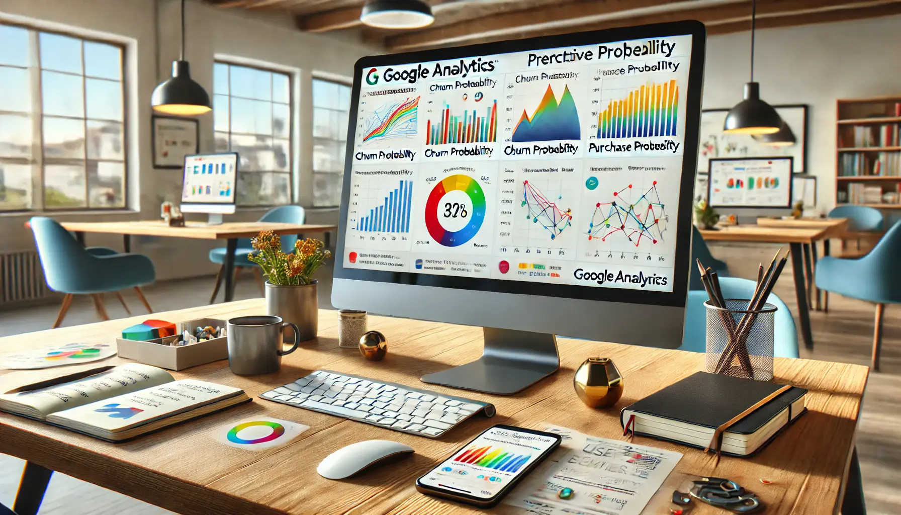 A workspace featuring a computer displaying Google Analytics predictive metrics with colorful graphs and charts.