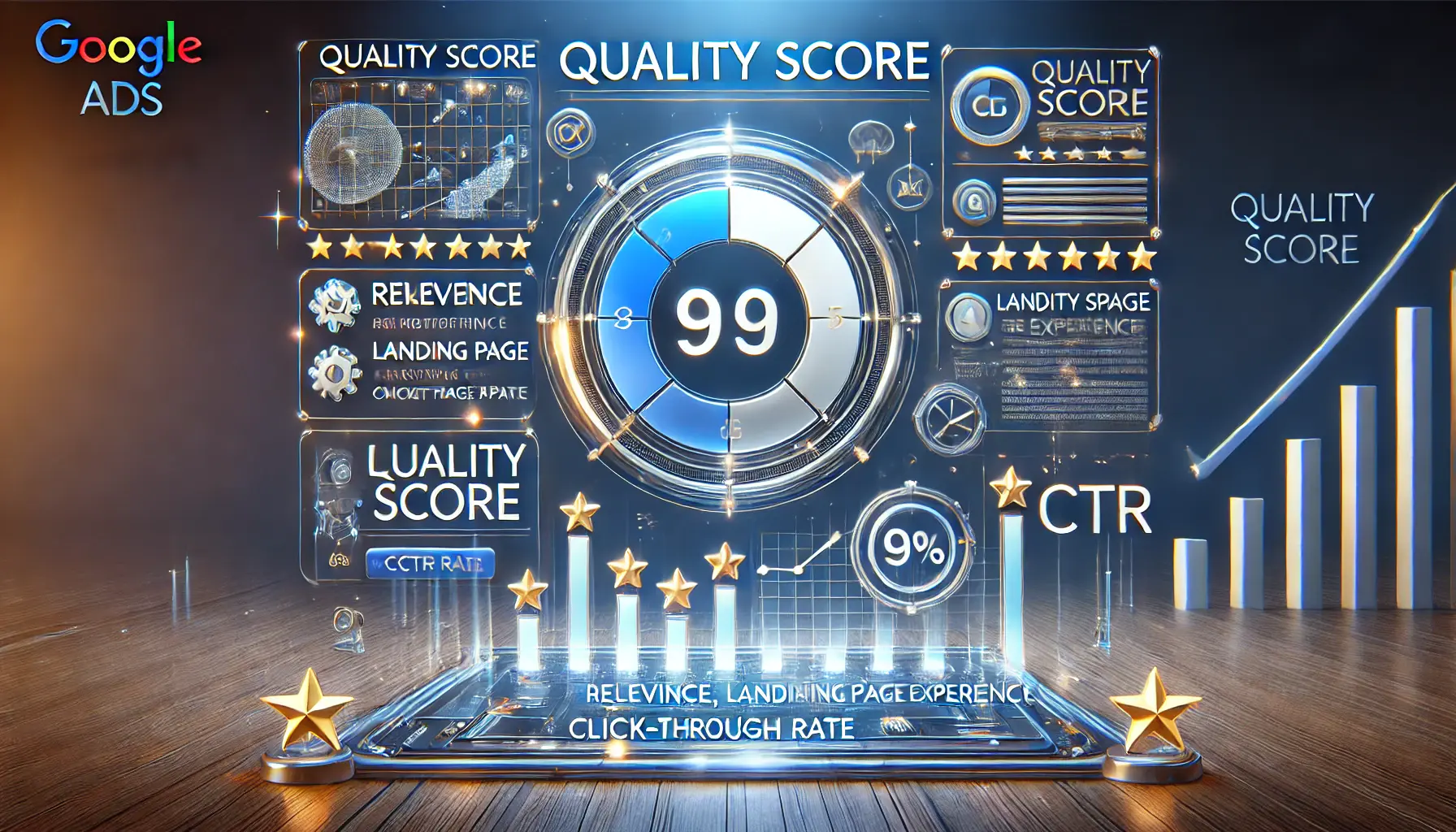 An illustration representing Quality Score in Google Ads, featuring a digital dashboard with metrics like relevance, landing page experience, and CTR, with visual symbols of stars, scales, and arrows.