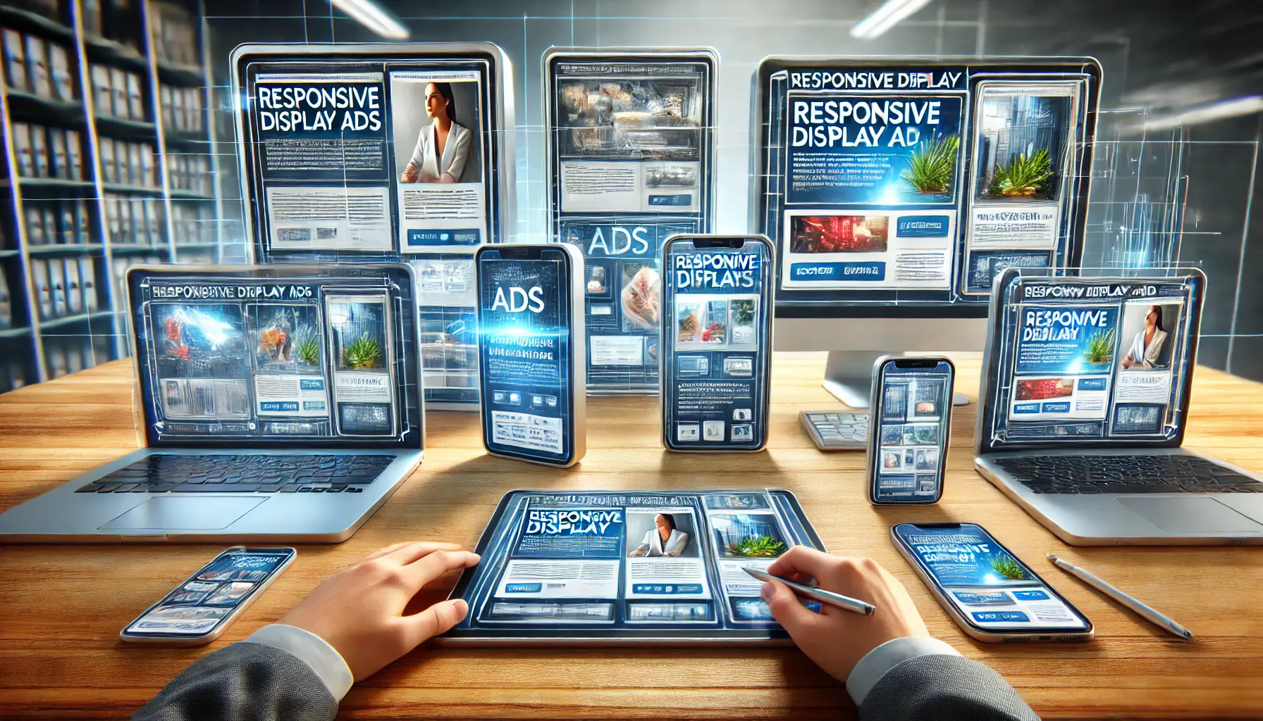 Multiple screens (laptop, tablet, and smartphone) displaying responsive ads adjusting to fit each device.